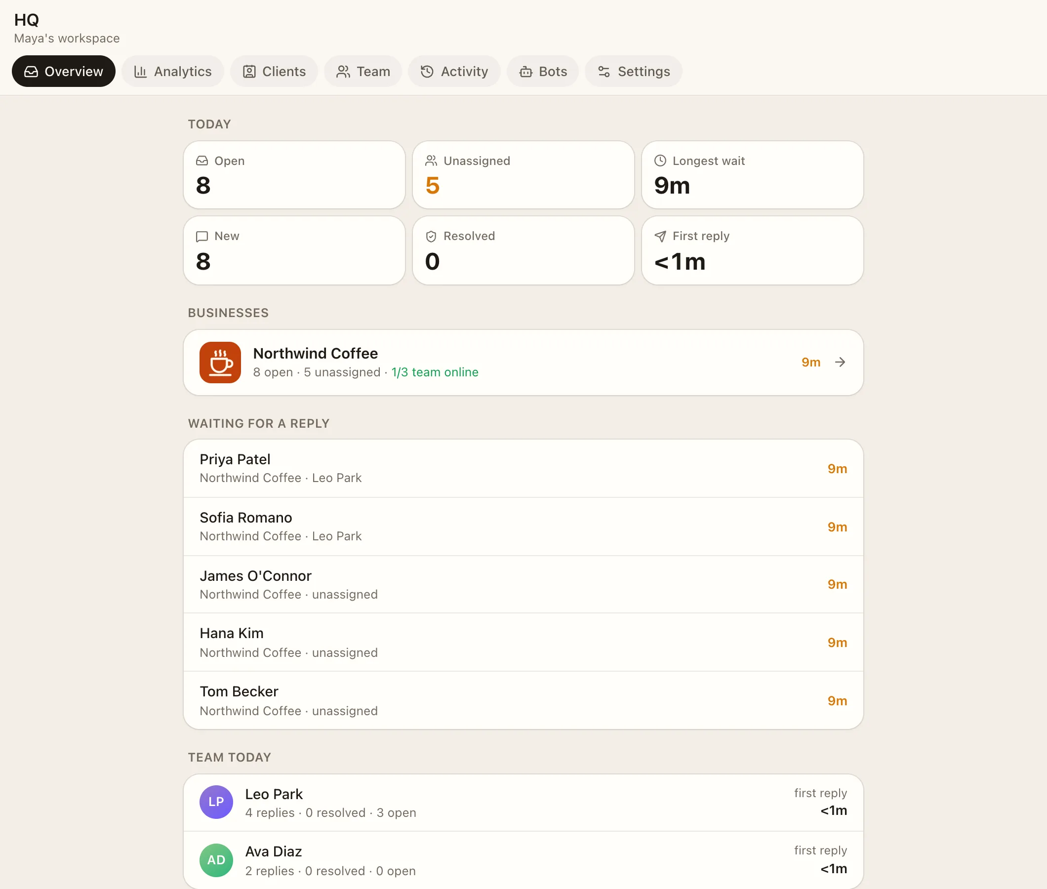 HQ, where your team sees the day at a glance